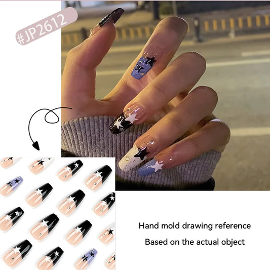 24pcs Star Print Sweet Cool False Nails Black Purple French Fake Nails Full Cover Long Ballet Spice Girl Press on Nails Wearable