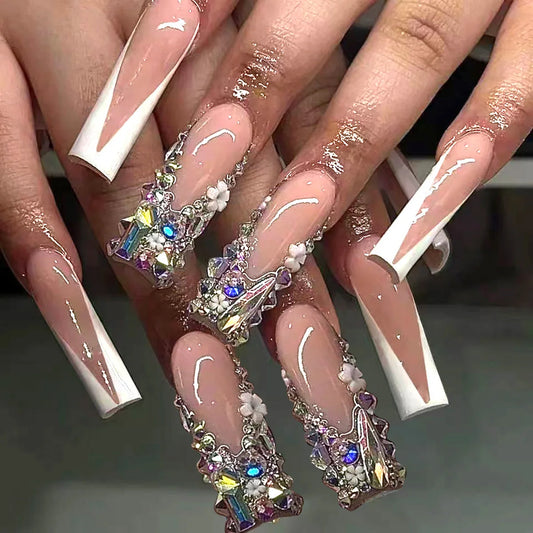24Pcs White French border Wearable Coffin Color diamond Fake Nail Tips flower Designs Long Ballerina Press on Nails Art Manicure