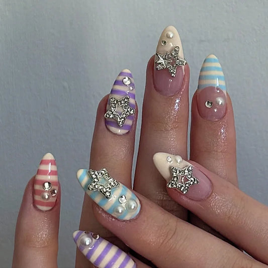 24pcs Y2k Almond Fake Nails Colorful Stripes French Style False Nail Metal Star Pearl Decor Press On Nails Spicy Girl Manicure