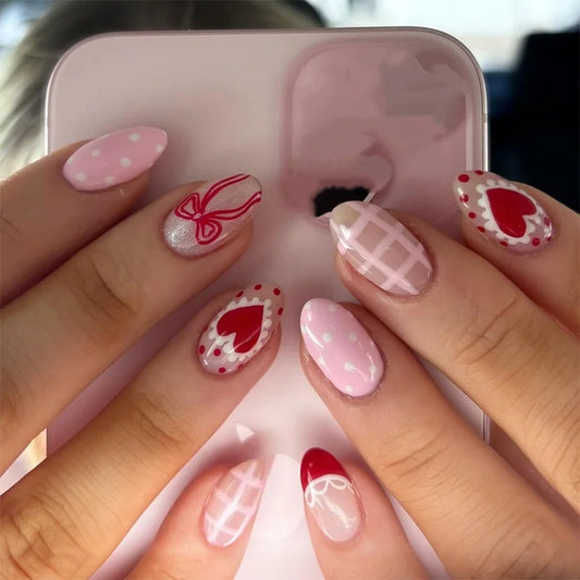 24pcs Bow Oval Press on Nails Valentine's Day Sweet Pink Short Round False Nails Love Pattern French Fake Nail Reusable Manicure