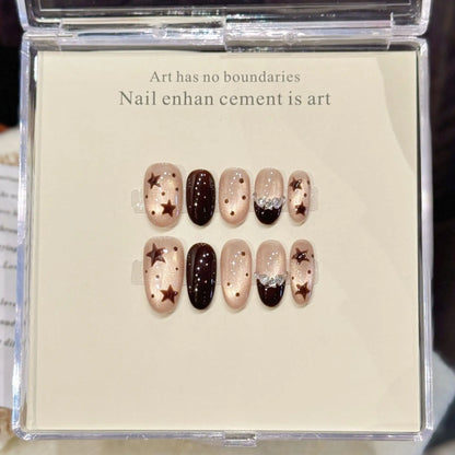 10pcs Handmade Short Oval False Nails Brown Five-pointed Star French Style Press On Nails Champagne Cat's Eye Autumn Fake Nail