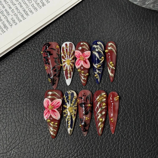 10Pcs Long Stiletto Wine Red Heart Rhinestone False Nails Wearable Luxurious Finished Acrylic Nails French Gold Vintage Nail Set