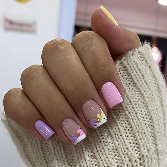24pcs Flower Stick on Nail Art Sweet Colorful Short Square Fake Nail Tips Wearable Simple French Ballet Press on False Nails Set