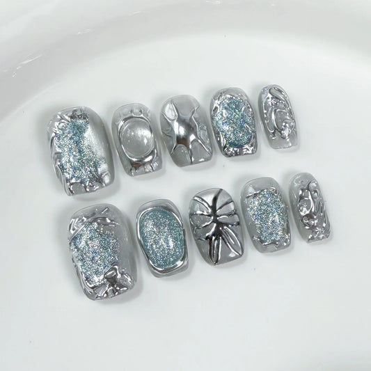 10Pcs Dark Green Cat's Eyes Short Full Cover False Nails Shiny Ballet Spice Cool Wearing Nails Art Light Luxury Fashion Manicure