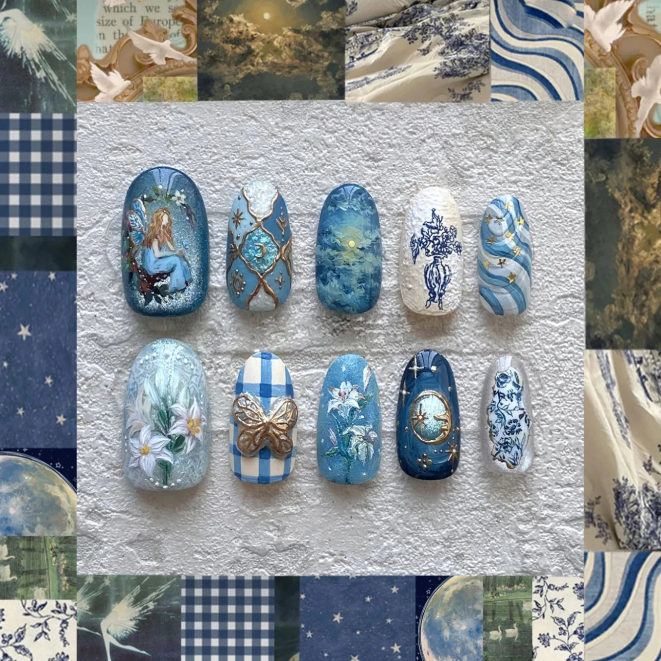 24pcs Field Journal Series False Nails Cute Rabbie Swan Flower Designs Fake Nails European Style Oil Painting Press On Nail