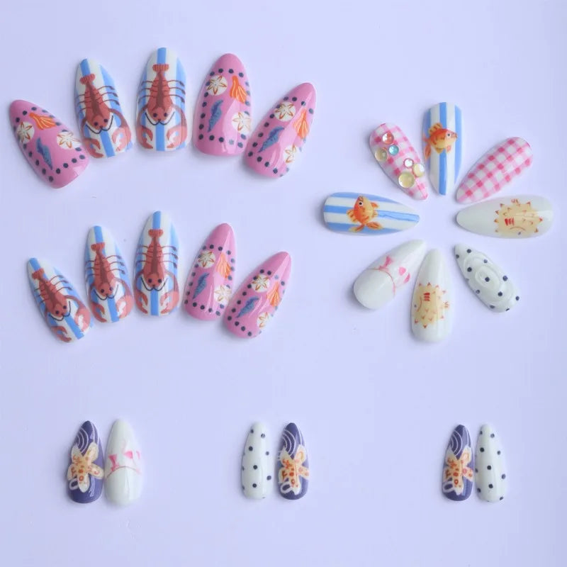 24PCS Almond Beach Theme Press on Nails Lobster Puffer Fish Starfish Design False Nails European American Sweet Spicy Nails Art