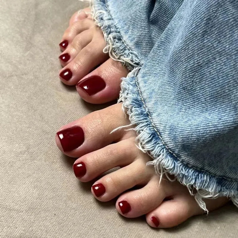 Wine Red Solid Color False Nails Art Simple French Pink White Polk Dot Summer Beach Fake Toenails Charms Cat Eye Press on Nails