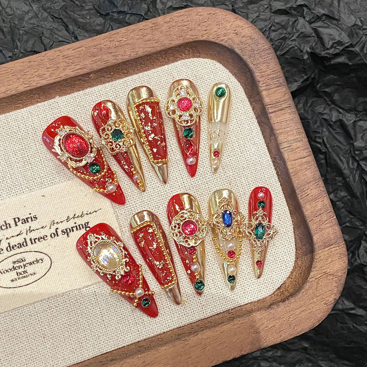 10pcs Chinese Retro Handmade False Nails Luxury Dragon Phoenix Colorful Diamond Gold Chain Decor Press On Nails Charms Manicure