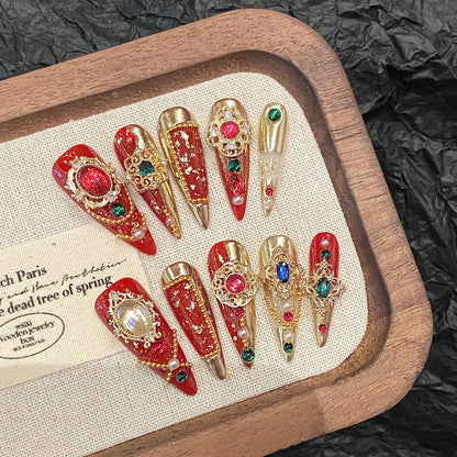 10pcs Chinese Retro Handmade False Nails Luxury Dragon Phoenix Colorful Diamond Gold Chain Decor Press On Nails Charms Manicure