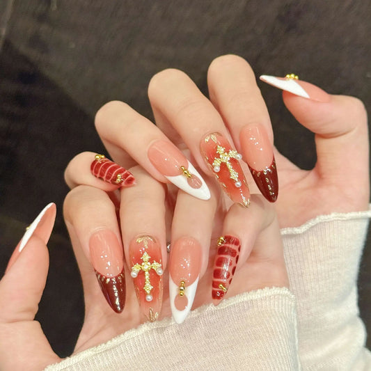 10PCS Long Oval Handmade Press On Nails,Contrasting Color Cool Style,Suitable For Festivals Parties And Daily Wear.