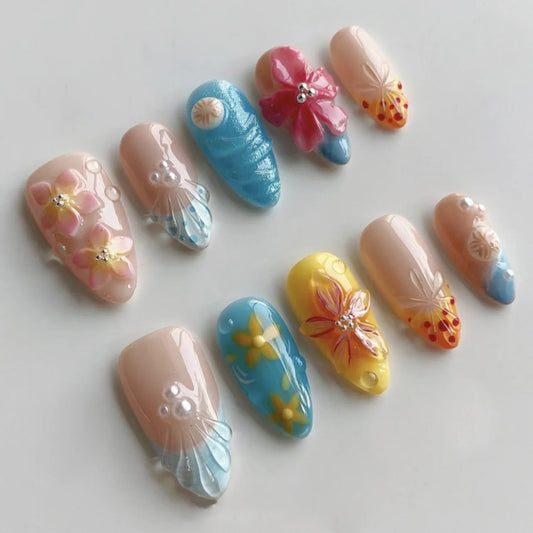 24pcs Summer Flower Press on Nails Art Short Almond Nails Set Beach False Nail Tip Pearl Seashell Design Blue Reusable Fake Nail