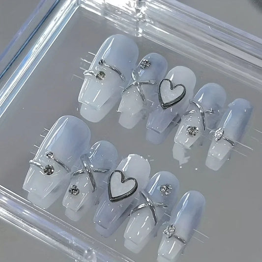 10PCS Handmade Press Nails,Fog Blue Ombre Press On Nails｜3D Heart & Metallic Silver Fake Nails｜Gothic Y2K Kawaii False Nails｜ Bi