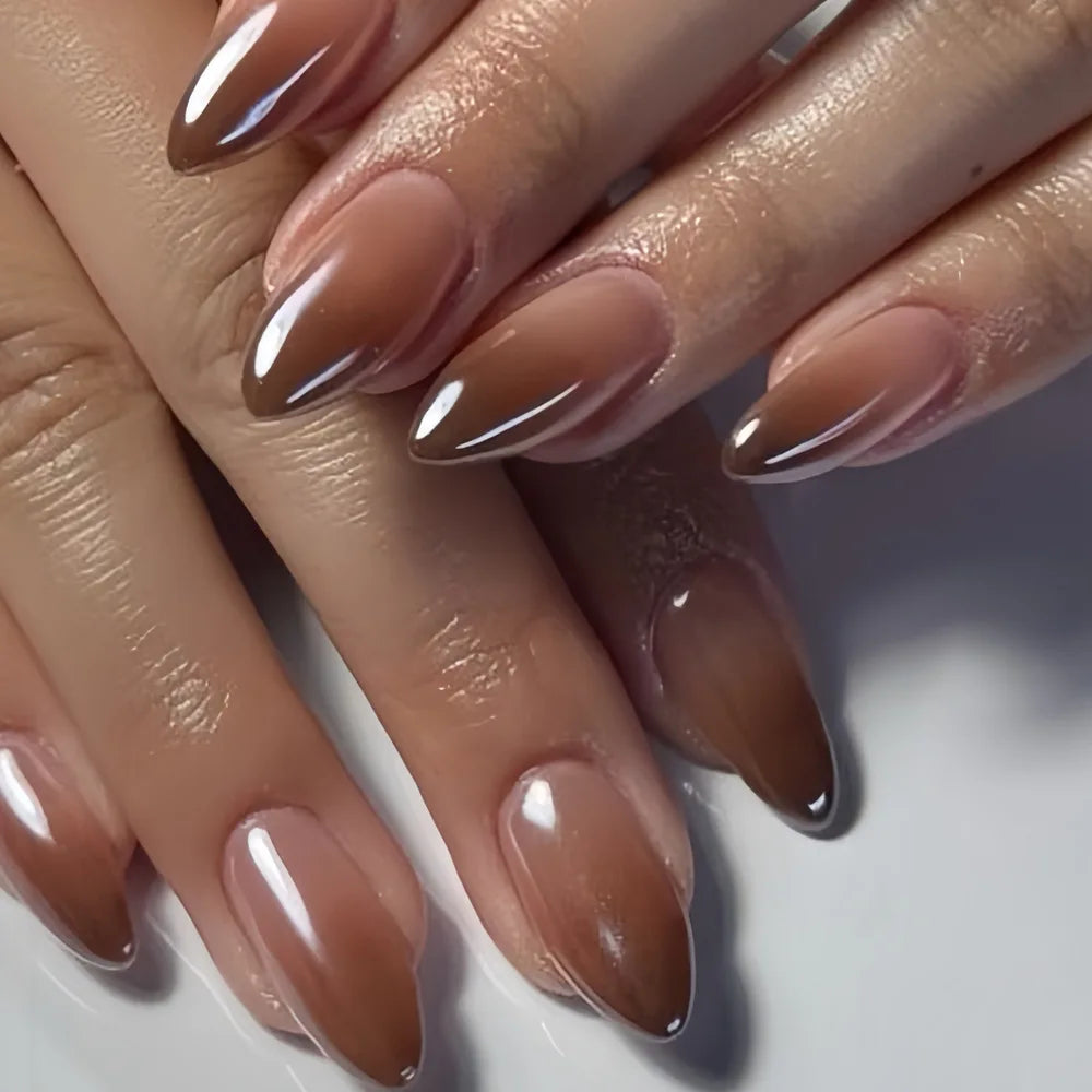 24pcs Aurora Nude Pink Press on Nails Almond Acrylic Simple Fake Nails with Gradient Design Nail Chrome Solid Color False Nails