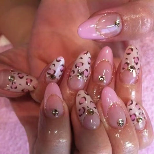 24pcs Pink Leopard Print Fake Nail Tips y2k Spicy Girls French Almond Press on Nail Wearable Detachable Sweet Korean False Nails