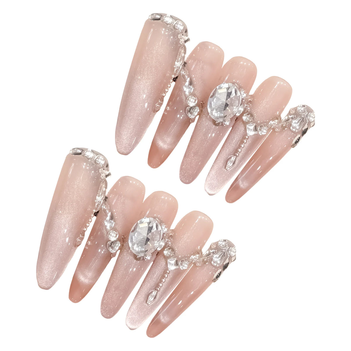 10pcs Long Ballerina Almond False Nail Tips Handmade Glossy Pink Cat's Eye Press On Nails Sweet Simple Gentle Fake Nail For Girl