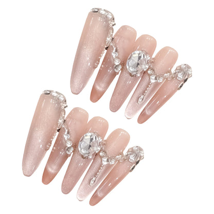 10pcs Long Ballerina Almond False Nail Tips Handmade Glossy Pink Cat's Eye Press On Nails Sweet Simple Gentle Fake Nail For Girl