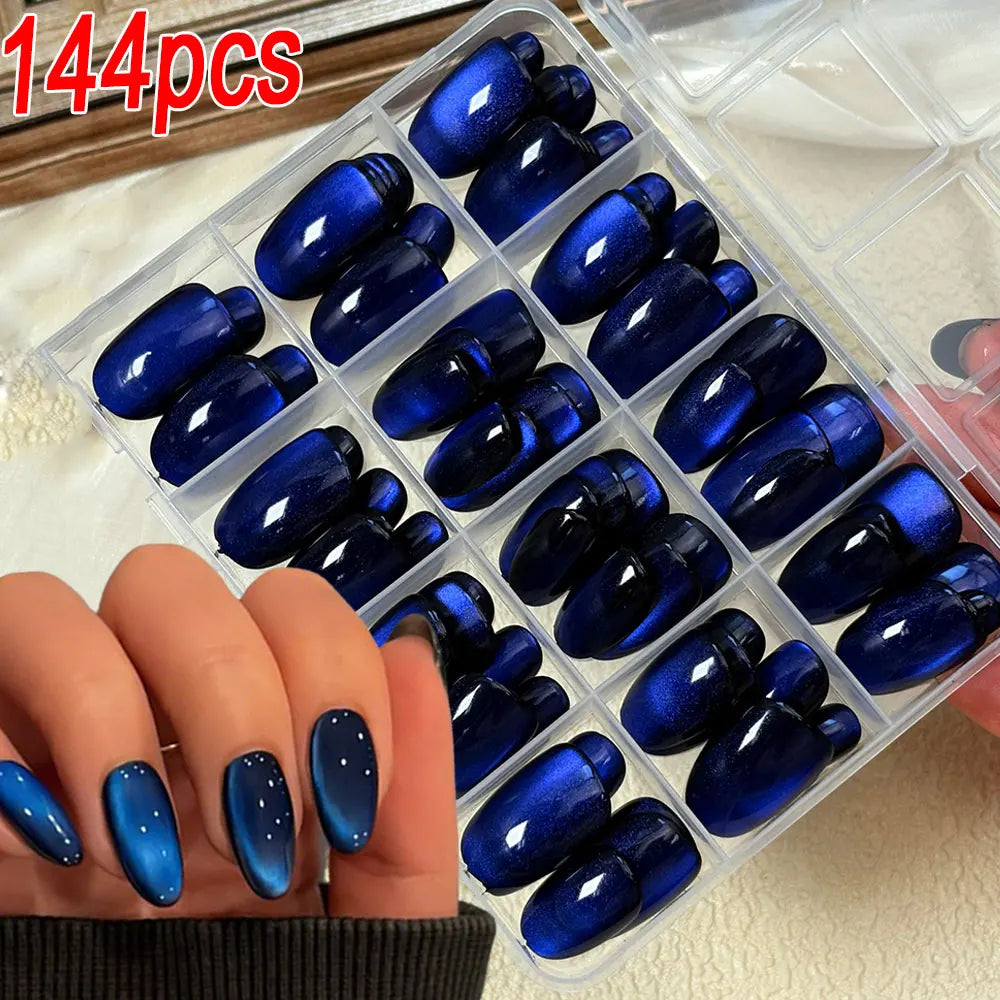 30/144Pcs Glossy Dark Blue Cat Eye False Nails Sparkly  Medium Oval Blue Press On Nails Artificial Full Cover Finger Fake Nails