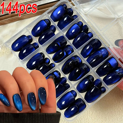 30/144Pcs Glossy Dark Blue Cat Eye False Nails Sparkly  Medium Oval Blue Press On Nails Artificial Full Cover Finger Fake Nails