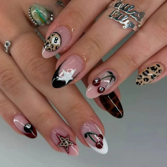 24pcs Ruond Almond Press on Nails Sweet Cool Cherry Leopard Print Fake Nails for Women Girls Y2k Star Fashion False Nails