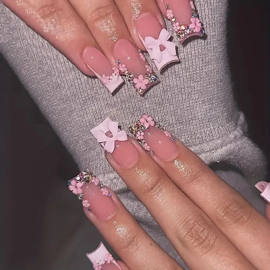24pcs Nude Pink False Nails Patches 3D Bowknots Flower Press On Nails 2026 New Wearable White French Style Fake Nail Tips