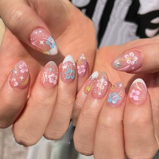 24Pcs Short French Almond Press on False Nails with Flower starfish heart Design Fake Nail Reusable Round Full Cover Nails Tips