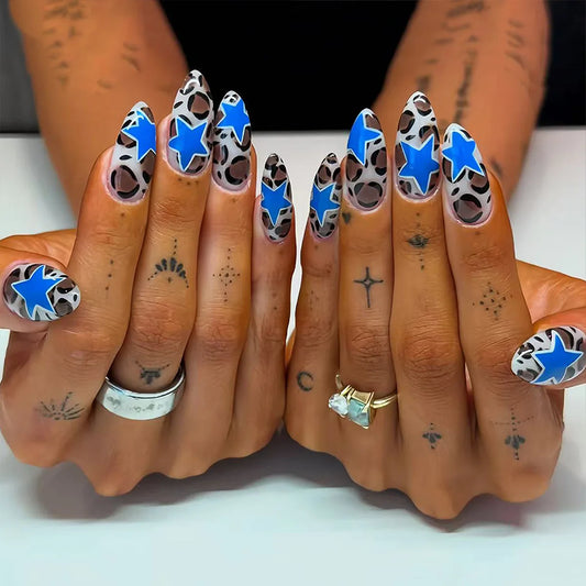 24pcs European Almond Fake Nails Leopard Printed French Press on Nails Sweet Cool Blue Star False Nail Tips Wearable Design