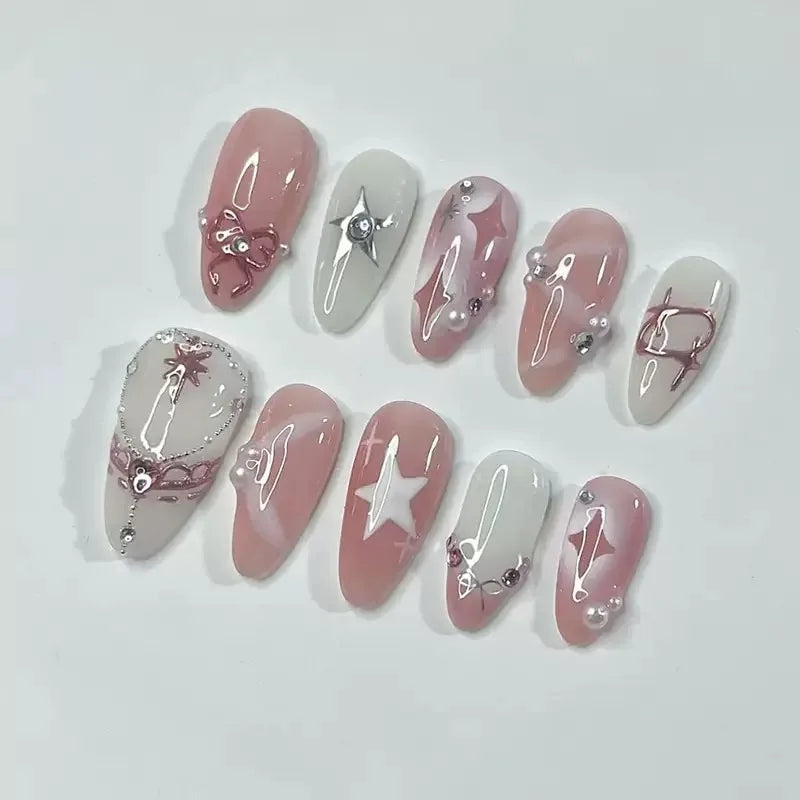 24Pcs Light Blue Smudge Fake Nails Press on Almond Gold Leaf Removable Long Full Cover Nail Tips Wearable Finished Nail Art