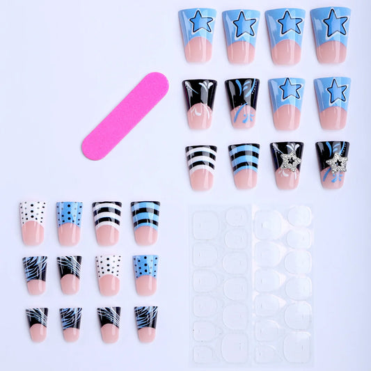24Pcs Duckbilled False Nails with Star Rhinestone Black Blue French Fake Nails for Woman Wearable Spicy Girls Y2k Press on Nails