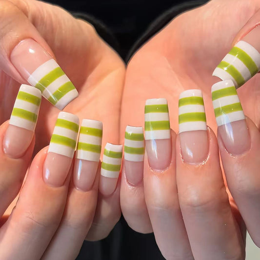 24pcs Long Square Shaped Fake Nails Simple White Green Stripes French Style Press On Nails Ins Fashion Wearable False Nail Tips