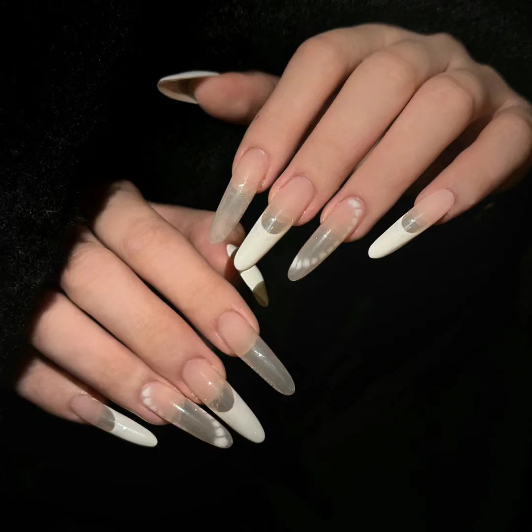 24pcs Chrome Press on Nails Gradient Nude Solid Color False Nails Removable Long Stiletto Fake Nails Minimalist Sweet Cool Nail