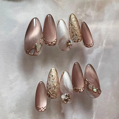 24Pcs Light Blue Smudge Fake Nails Press on Almond Gold Leaf Removable Long Full Cover Nail Tips Wearable Finished Nail Art