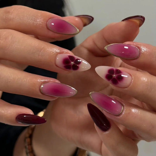 24pcs Mid-length Almond Press on Nails Sets Fashion Flower False Nails with Golden Lines Design Fake Nail Reusable Pink Manicure