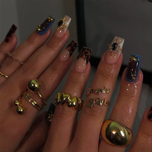 24Pcs Long Coffin Leopard Print False Nails with Glue Sweet Cool Diamond Fake Nail Set Floral French Press on Wearable Nail Tips