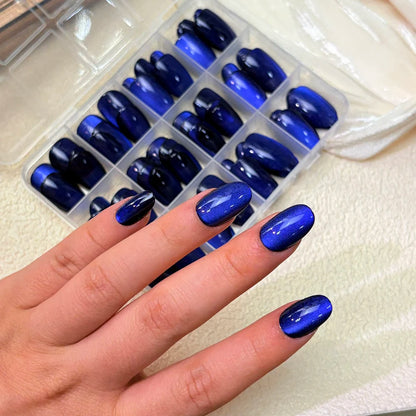 30/144Pcs Glossy Dark Blue Cat Eye False Nails Sparkly  Medium Oval Blue Press On Nails Artificial Full Cover Finger Fake Nails