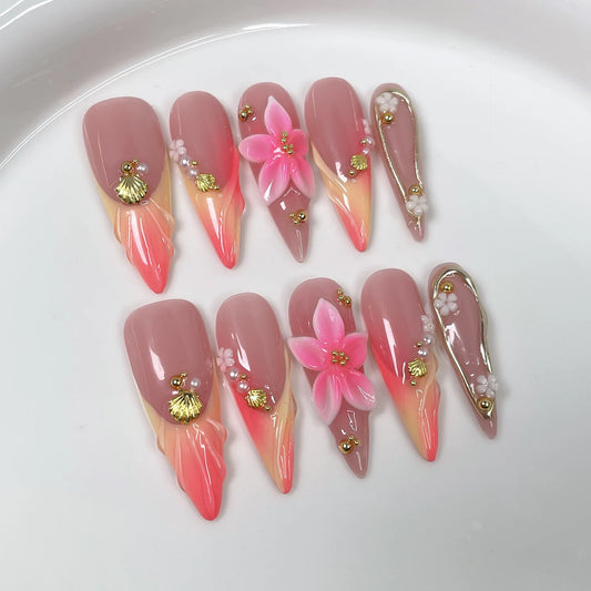 10pcs Gradient Pink French Handmade False Nail Art Flower Spicy Girl Long Stiletto Nails Tips Wearable Pearl Press on Fake Nails