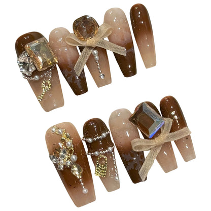 10pcs Gradient Brown French Tips False Nails Long Ladder Phototherapy Sweet Handmade Fake Nails Bows Diamond Decor Press On Nail