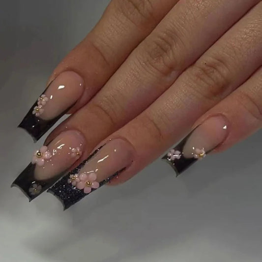 24pcs Reusable Press on Nails Cherry Leopard Print Pattern Fake Nails Tips Long Ballet False Nail with Flower Diamond Manicure