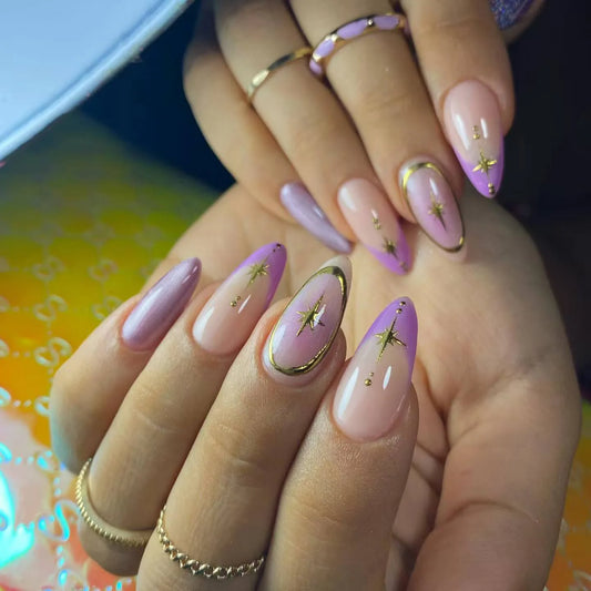 24Pcs Mid-length French Almond False Nails Purple Smudge Design Full Cover Nail Tip Gilding Pattern Wearable Press on Fake Nails