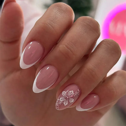24pcs French Press on Nails Tips Wearable Sweet Flower Gilded Design Full Cover Nail Art Short Almond Fake Nails Sets False Nail