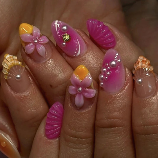 3D Pearl Shell Water Ripple Flowers Pink Yellow French Nail Art Summer False Nails Detachable Finished Fake Nails Press on Nails
