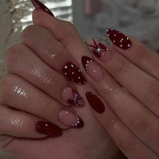 24Pcs Bow Rhinestone Detachable False Nails Press on Full Cover Wine Red Polka Dot French Manicure Tips Short Almond Fake Nails