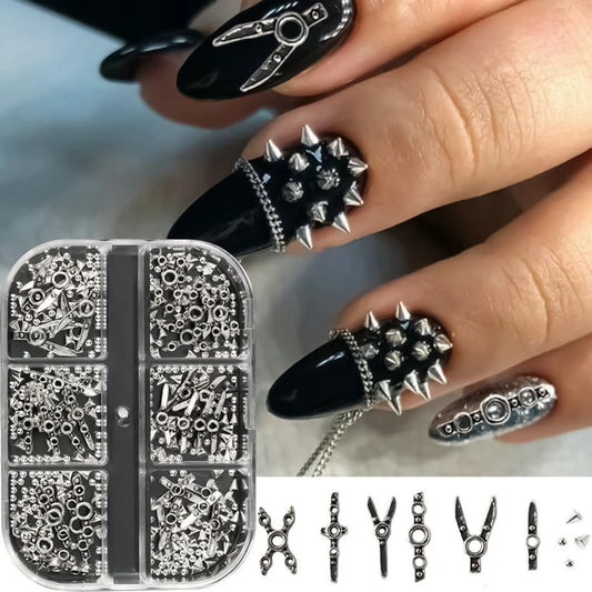 Y2k Punk Style Nail Decoratons Silver Metal Rivet Nail Charms Cone Mixed Sized 3D Stylish Alloy Spike Nail Accessories Tools