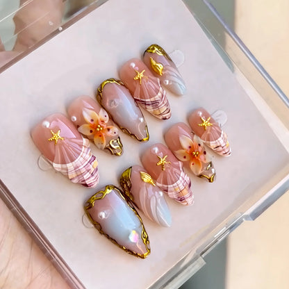 24Pcs Mid-length Almond Press on Fake Nails with Insect Flower Button Design Full Cover Nails Tips Reusable Finished False Nails