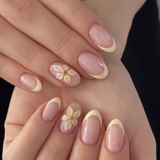 24Pcs Short Round Head Press on False Nails Yellow French 3D Flower Fake Nail for Woman Reusable Finished Full Cover Nails Tips