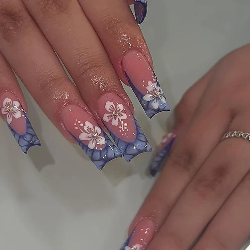 24Pcs Mid-length Square Head Full Cover Nails Tips Red Flower Rhinestone Design Fake Nails 3D Star Reusable Press on False Nails