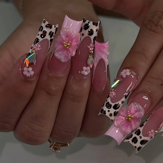 24Pcs Leopard Print Design False Nails with Bow Rhinestone Long Square Press on Nails Wearable French Ballet Fake Nail Tips
