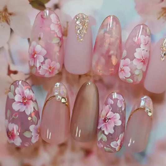 24Pcs Peach Blossom Press on Nails Cat's Eye Nude Glitter False Nail for Women&Girl Spring and Summer Detachable Wearable Nail