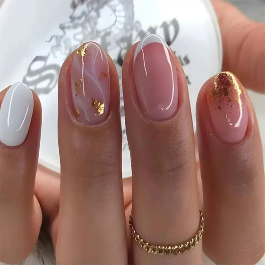 24Pcs Short Round Head Nails Set Press on White French Shiny Powder Design Fake Nail Oval Detachable Full Cover False Nails Tips