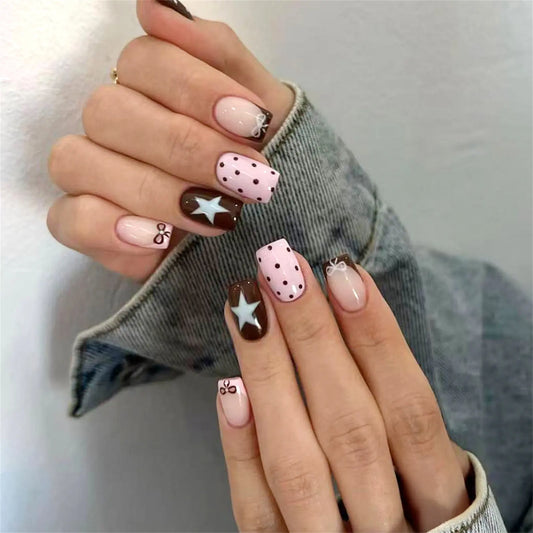 24pcs Short Square French Style Fake Nails Polka Dot Star Bowknots Decor Press On Nails Coffee Color Spring False Nail Tips
