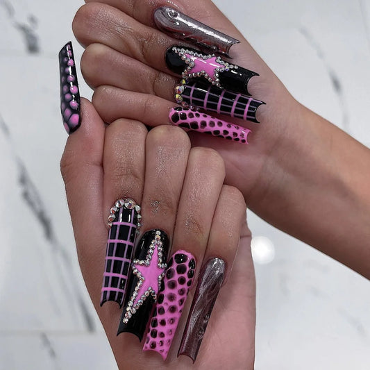 24pcs Gothicpunk Long Ballet False Nails Black Purple Color Star Printed Press on Nails Reusable European Fake Nail Patches